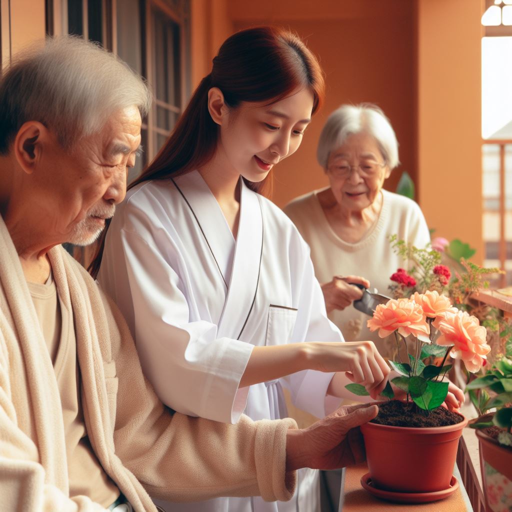 台灣人，一個職能治療師穿著白袍在陽台，手牽手教長者種植花朵，側面視角，相片風格，溫和的氣氛，暖色調，超擬真，70年代
