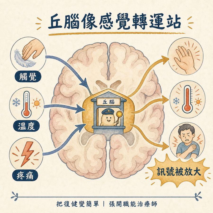 【中風症狀】中風後神經痛〡為什麼幾個月後才開始痛,而且一般止痛藥常常沒效? 4 丘腦像感覺轉運站,觸覺溫度疼痛訊號可能被放大