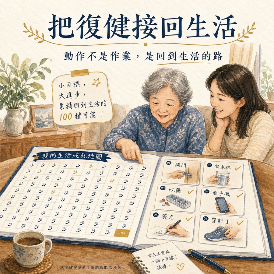【中風復健】為什麼他都不想復健?〡中風患者沒有復健動機怎麼辦? 7 把復健接回生活,復健手冊把開門拿水杯吃藥等生活任務變成地圖