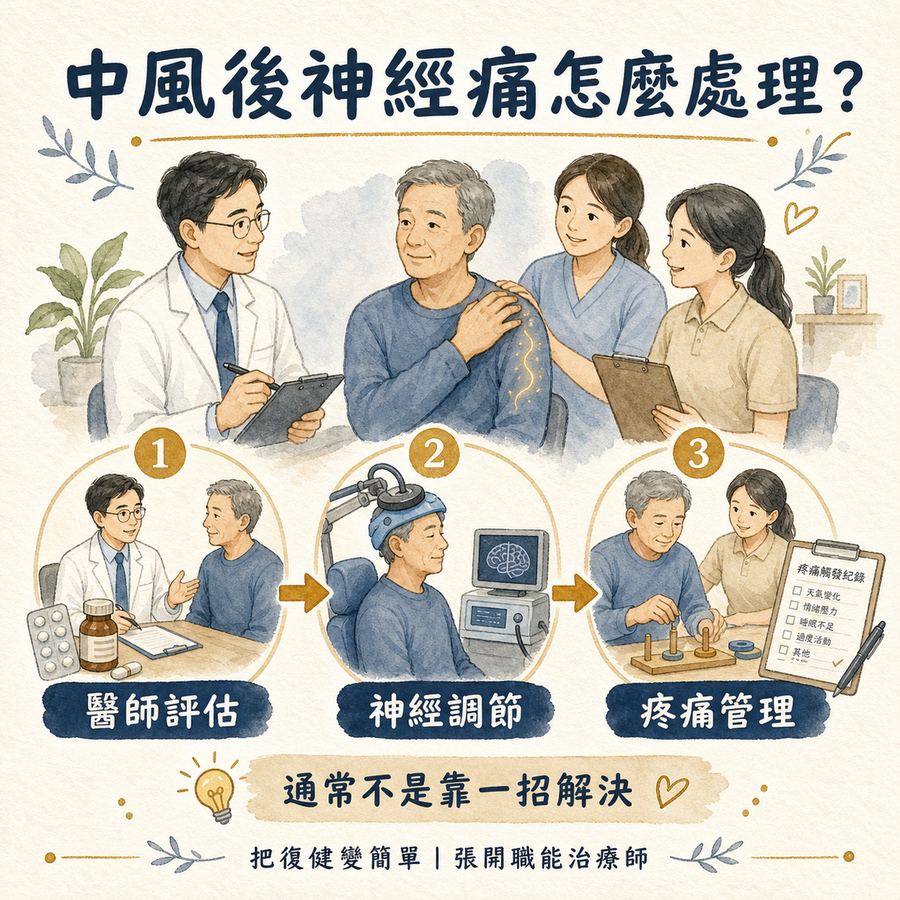 【中風症狀】中風後神經痛〡為什麼幾個月後才開始痛,而且一般止痛藥常常沒效? 7 中風後神經痛通常需要醫師評估神經調節和治療師疼痛管理