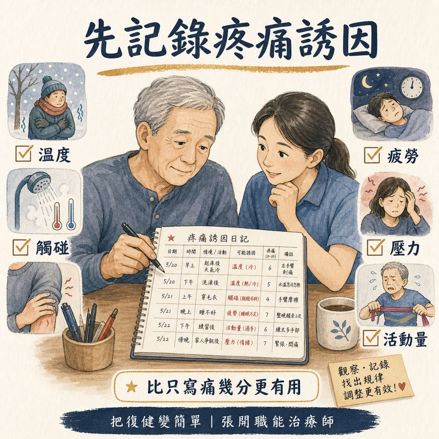 【中風症狀】中風後神經痛〡為什麼幾個月後才開始痛,而且一般止痛藥常常沒效? 8 居家記錄中風後神經痛誘因包含溫度觸碰疲勞壓力和活動量