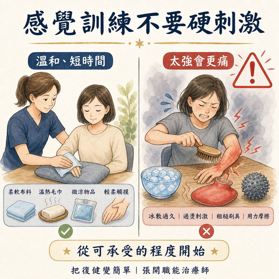 【中風症狀】中風後神經痛〡為什麼幾個月後才開始痛,而且一般止痛藥常常沒效? 9 感覺再訓練要從可承受刺激開始,避免太強刺激讓疼痛加劇