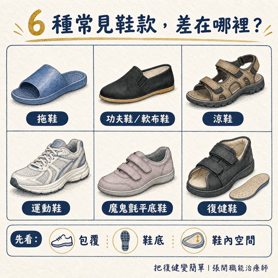 【中風垂足】穿垂足板怎麼選鞋?6 種常見鞋款與選鞋原則 4 六種常見鞋款的外觀比較:拖鞋、功夫鞋、涼鞋、運動鞋、魔鬼氈平底鞋與復健鞋
