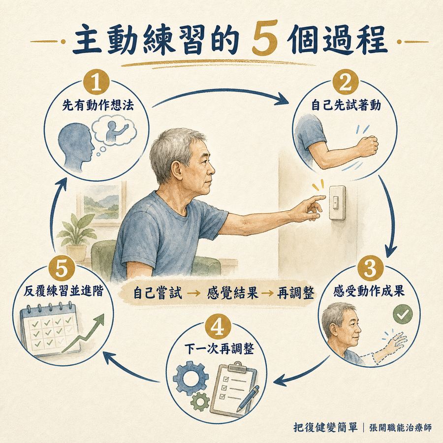 【中風復健】主動運動還是被動運動?〡4 種練法一次看懂 9 主動練習從動作想法、主動嘗試到反覆進階的五個過程