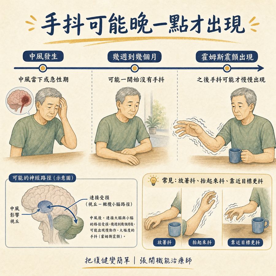 【中風復健】中風後手抖怎麼辦?〡中風後震顫的原因、治療與 5 個居家訓練方法 5 霍姆斯震顫可能在中風後幾週到幾個月才出現