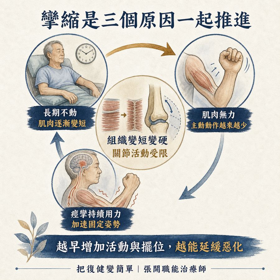 【中風復健】中風後手腳越來越緊怎麼辦?〡關節攣縮的原因、預防與治療完整指南 5 長期不動、肌肉無力與痙攣共同造成攣縮