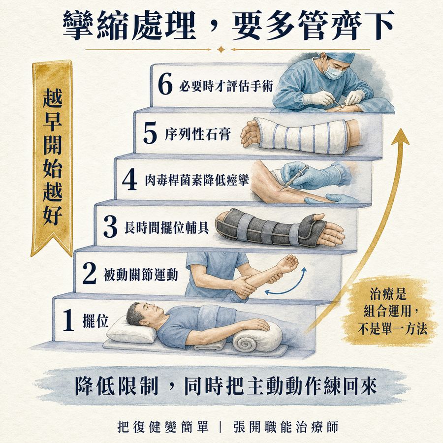 【中風復健】中風後手腳越來越緊怎麼辦?〡關節攣縮的原因、預防與治療完整指南 6 中風後攣縮從擺位到手術的階段性處理方式