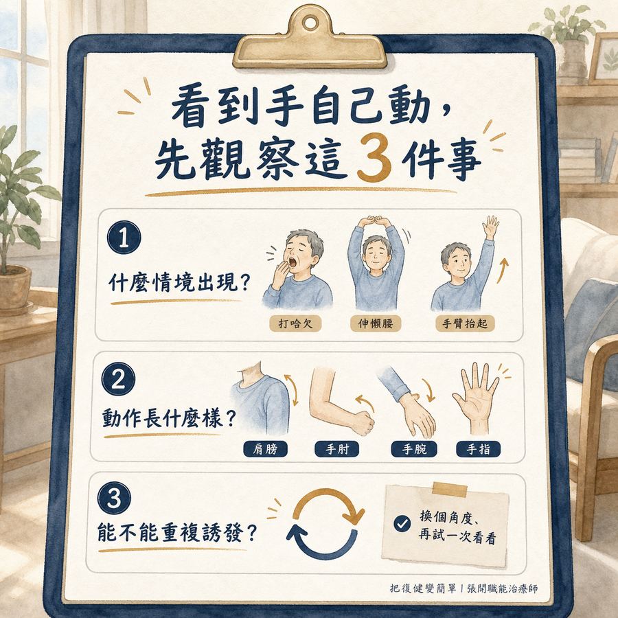 【中風復健】中風後打哈欠手會自己動〡這是恢復比較好的徵兆嗎? 6 看到中風後手自己動時可以觀察情境動作與可重複性的檢核圖