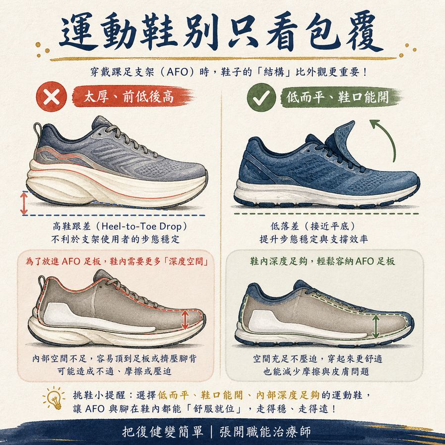 【中風垂足】穿垂足板怎麼選鞋?6 種常見鞋款與選鞋原則 6 厚底前低後高的運動鞋,與低平且鞋口能打開的鞋款比較