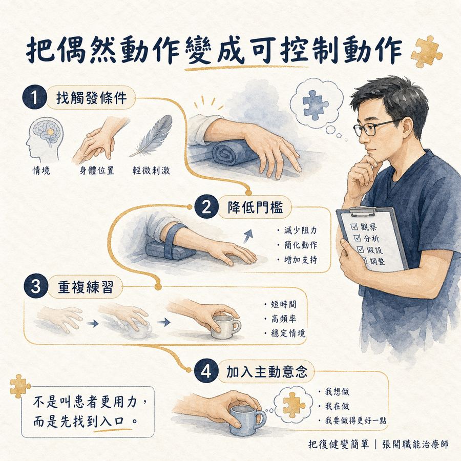 【中風復健】中風後打哈欠手會自己動〡這是恢復比較好的徵兆嗎? 7 把偶然出現的手部動作逐步變成可控制動作的復健流程圖
