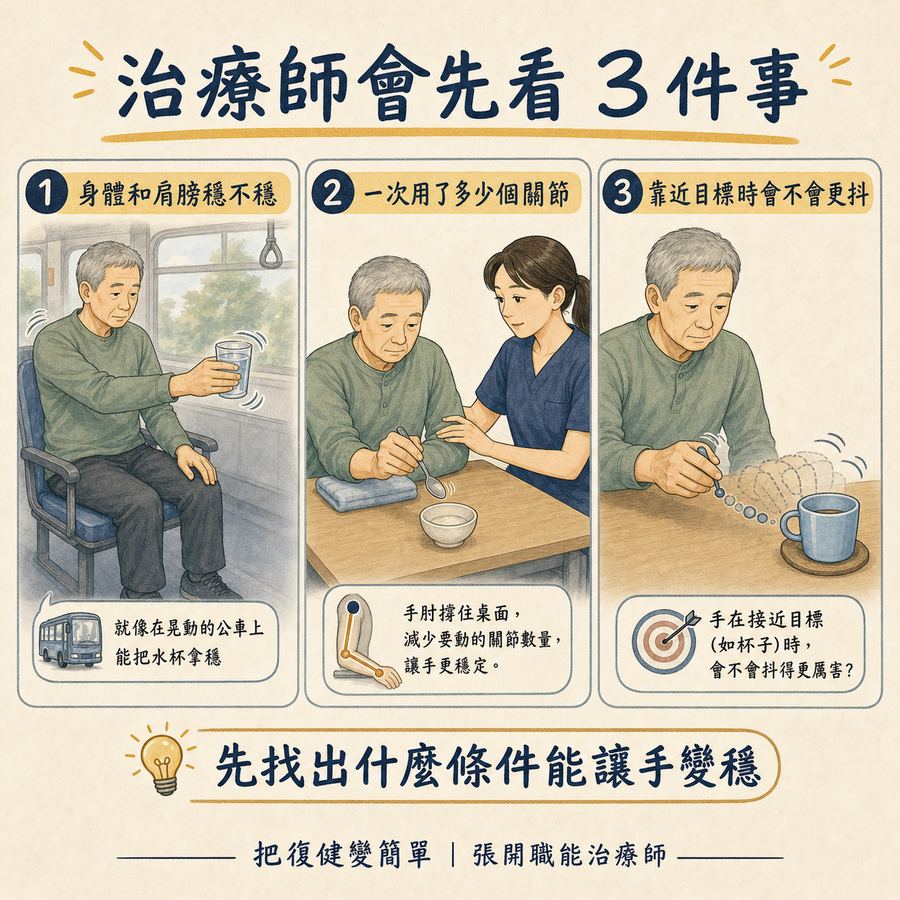 【中風復健】中風後手抖怎麼辦?〡中風後震顫的原因、治療與 5 個居家訓練方法 7 職能治療師介入手抖時會觀察身體穩定、關節數量與接近目標的抖動