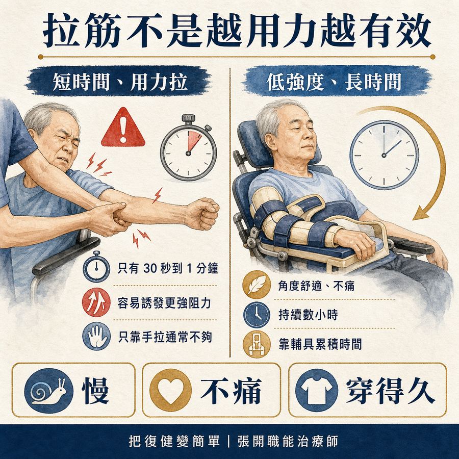 【中風復健】中風後手腳越來越緊怎麼辦?〡關節攣縮的原因、預防與治療完整指南 7 短時間用力拉筋與低強度長時間拉伸的差異