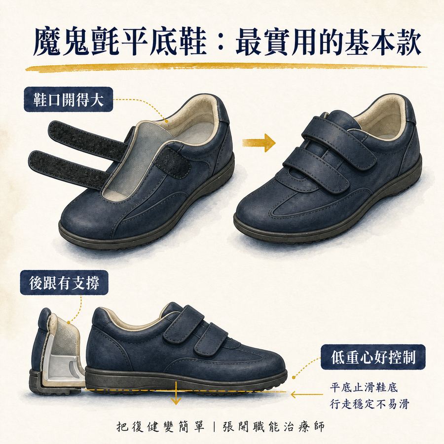 【中風垂足】穿垂足板怎麼選鞋?6 種常見鞋款與選鞋原則 7 魔鬼氈平底鞋的大鞋口、硬後跟與低平鞋底,較適合搭配垂足板