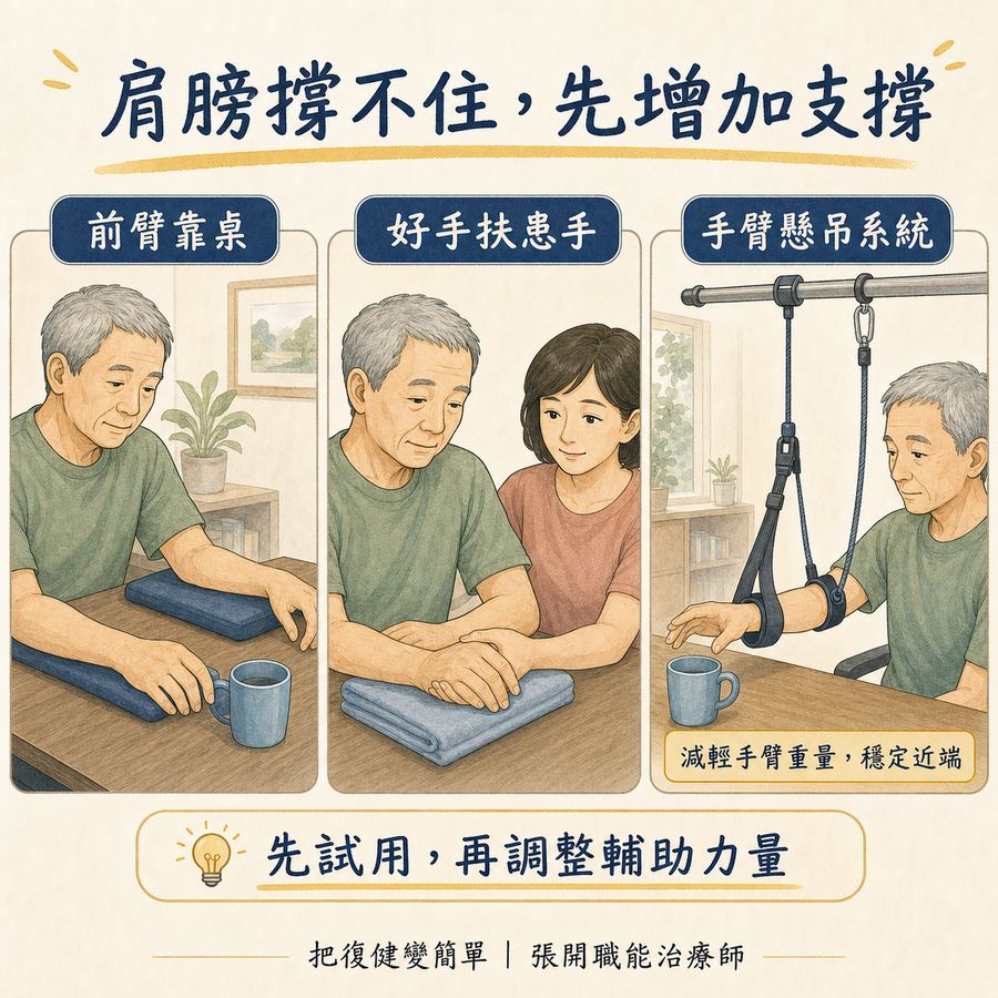 【中風復健】中風後手抖怎麼辦?〡中風後震顫的原因、治療與 5 個居家訓練方法 8 前臂靠桌、健手協助與手臂懸吊系統提供近端支撐