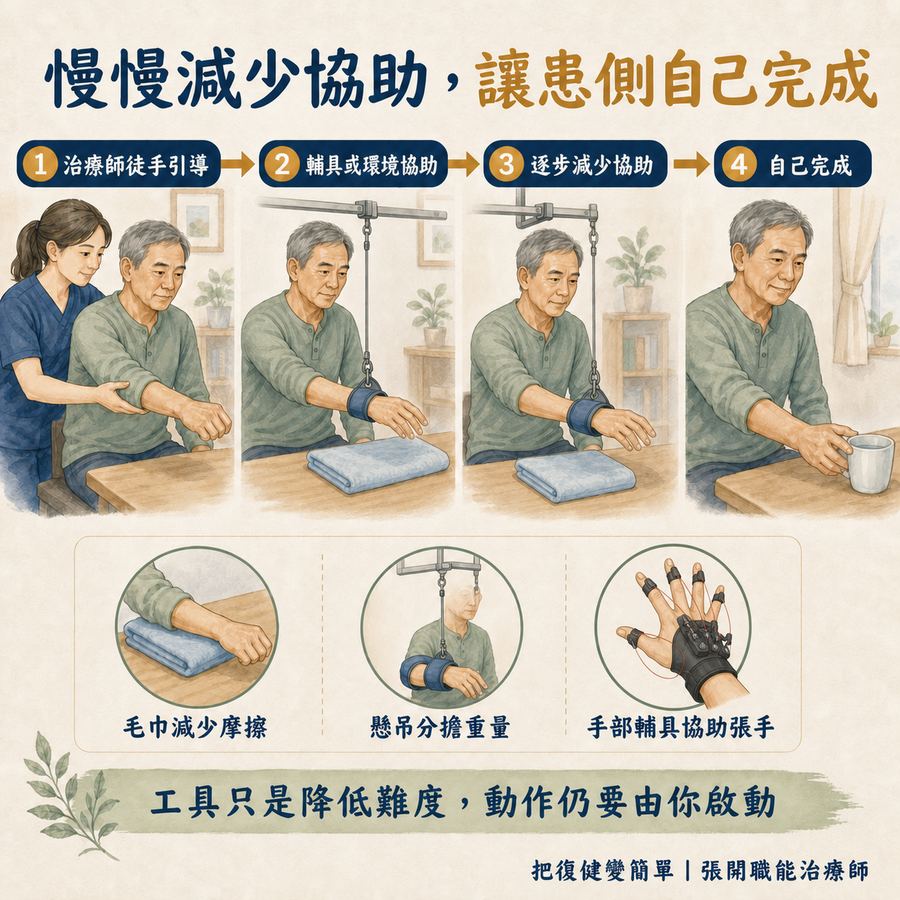 【中風復健】主動運動還是被動運動?〡4 種練法一次看懂 8 從徒手引導、輔具協助到患側自己完成的漸進流程