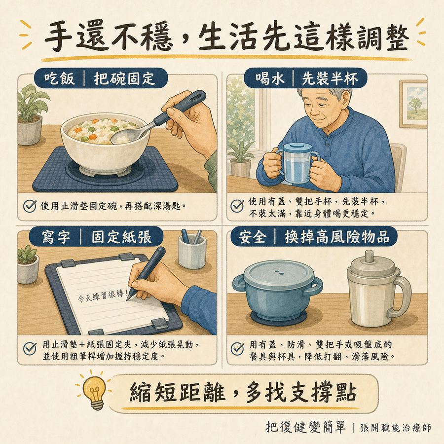 【中風復健】中風後手抖怎麼辦?〡中風後震顫的原因、治療與 5 個居家訓練方法 10 中風後手抖在吃飯、喝水、寫字與居家安全上的調整方法