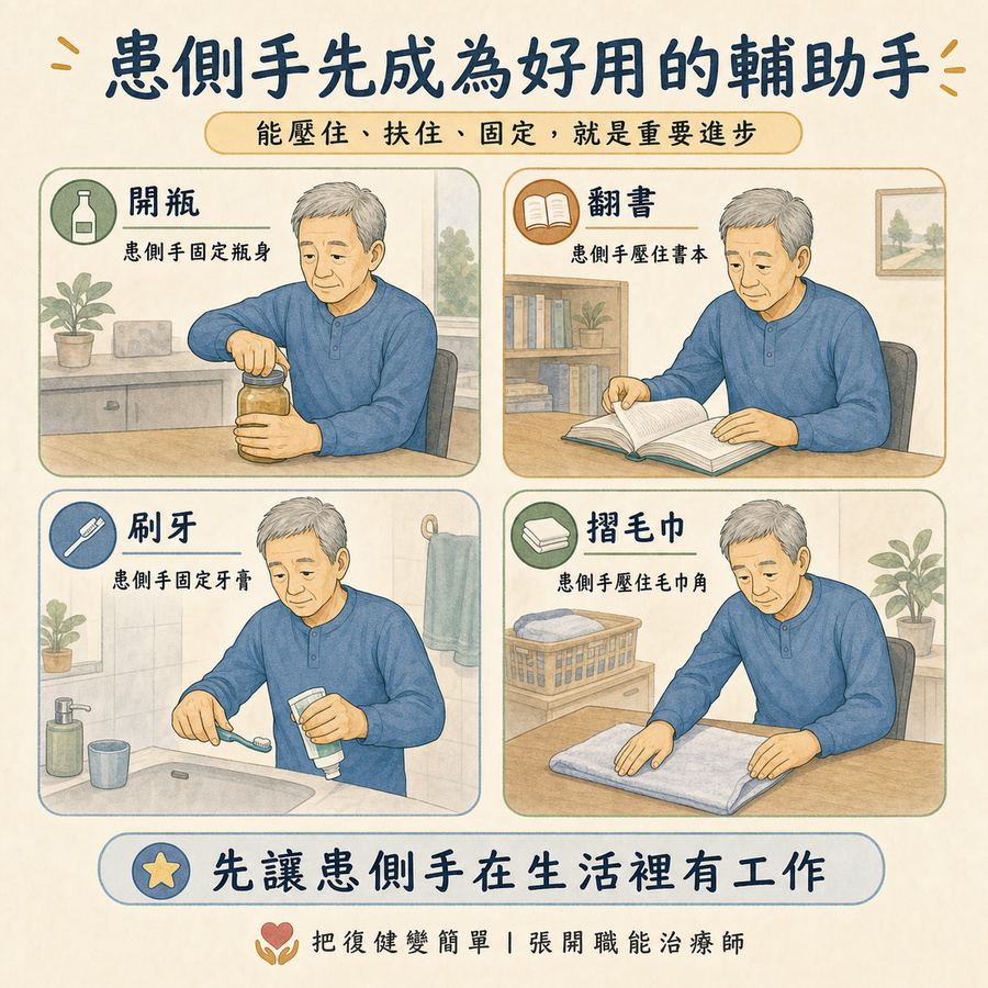 【中風復健】中風復健黃金期過了怎麼辦?〡10 個打破復健卡關的方法 9 中風後患側手可先成為輔助手,在開瓶、翻書、刷牙與摺毛巾時協助固定