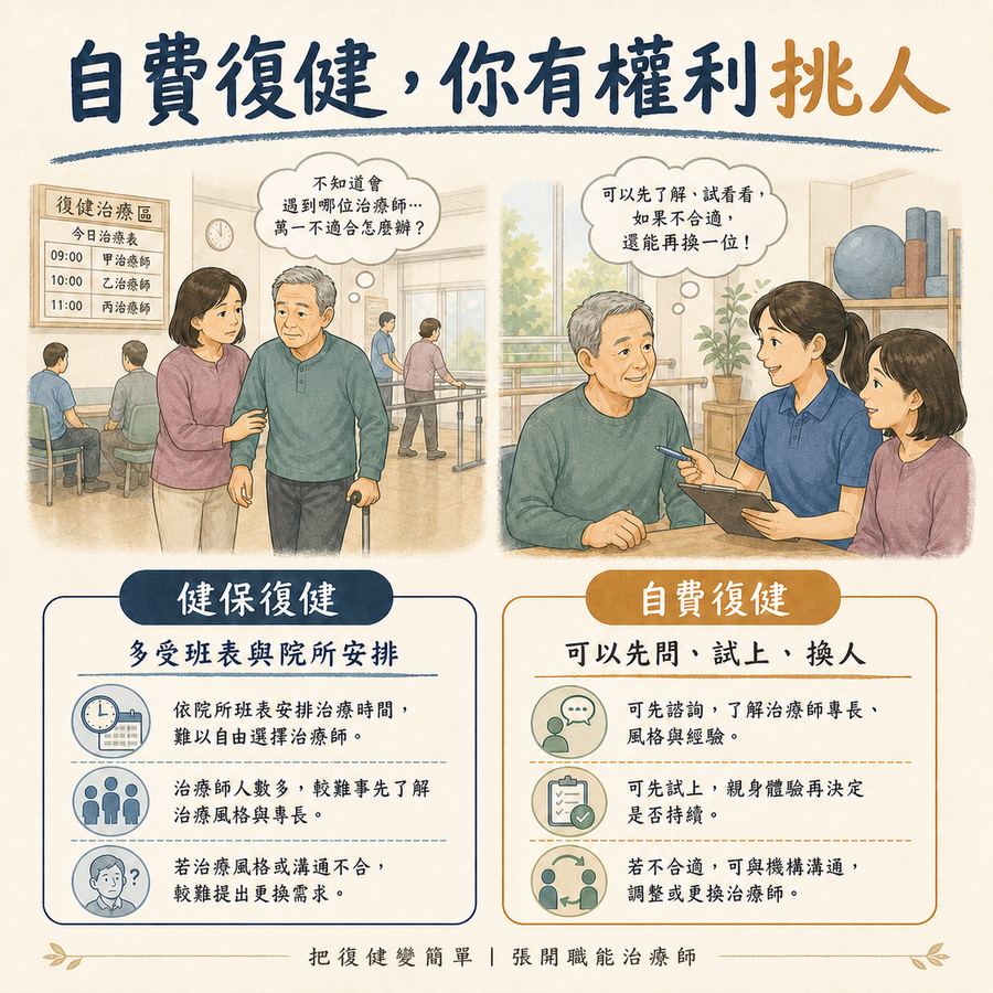 【中風復健】中風後找自費治療師,別找最厲害,找適合你的〡6 個選人關鍵幫你找到適合的治療師 3 健保復健多受班表安排,自費復健可以先問、試上與更換治療師