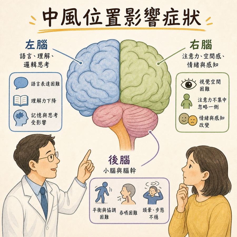 【中風復健】家人中風後第一次回診,該問什麼?〡給家屬的復健提問清單 4 醫師向家屬說明不同中風位置可能影響的症狀