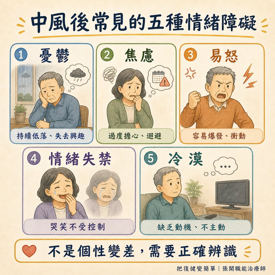 【中風心理】中風後情緒障礙怎麼辦?〡五種症狀辨識、七個照顧建議與治療選項完整指南 4 中風後憂鬱、焦慮、易怒、情緒失禁與冷漠的五種情緒障礙