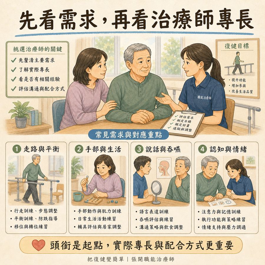 【中風復健】中風後找自費治療師,別找最厲害,找適合你的〡6 個選人關鍵幫你找到適合的治療師 4 依走路平衡、手部生活、說話吞嚥及認知情緒需求選擇治療師專長