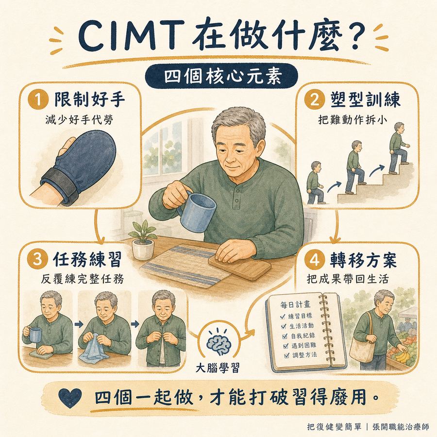 【中風復健】實證最有效的中風復健方法〡侷限誘發療法(CIMT)完整指南 4 侷限誘發療法包含限制好手、塑型訓練、任務練習與轉移方案