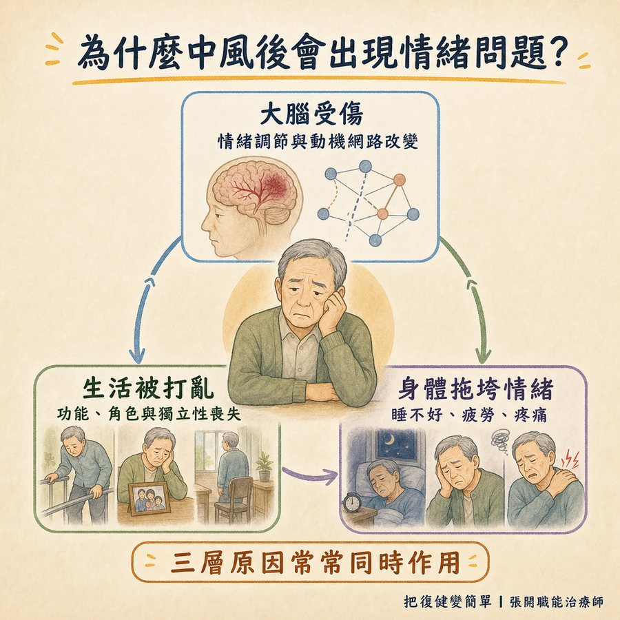 【中風心理】中風後情緒障礙怎麼辦?〡五種症狀辨識、七個照顧建議與治療選項完整指南 5 中風後情緒問題由大腦受傷、生活被打亂與身體狀況三層原因共同作用