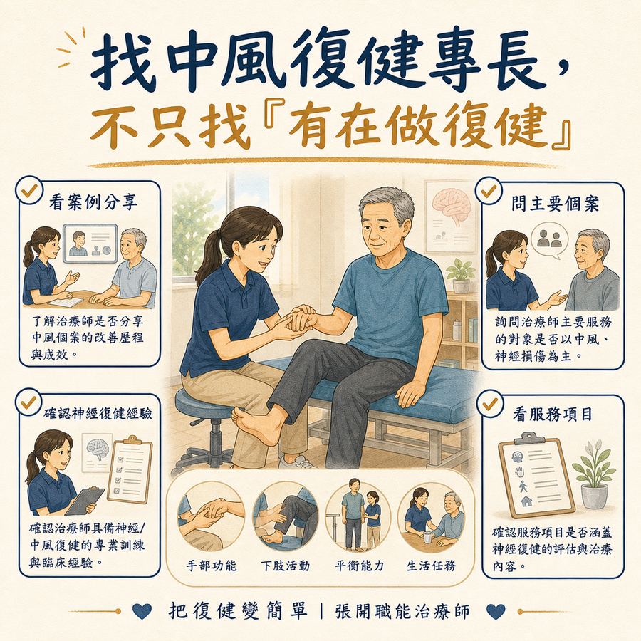【中風復健】中風後找自費治療師,別找最厲害,找適合你的〡6 個選人關鍵幫你找到適合的治療師 5 從案例、主要個案、神經復健經驗與服務項目確認治療師的中風復健專長