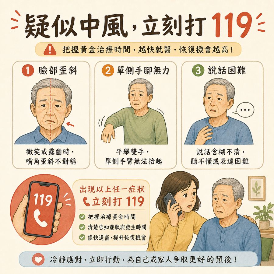 【中風復健】家人中風後第一次回診,該問什麼?〡給家屬的復健提問清單 5 中風警訊包含臉歪手腳無力講話不清時應立刻打119