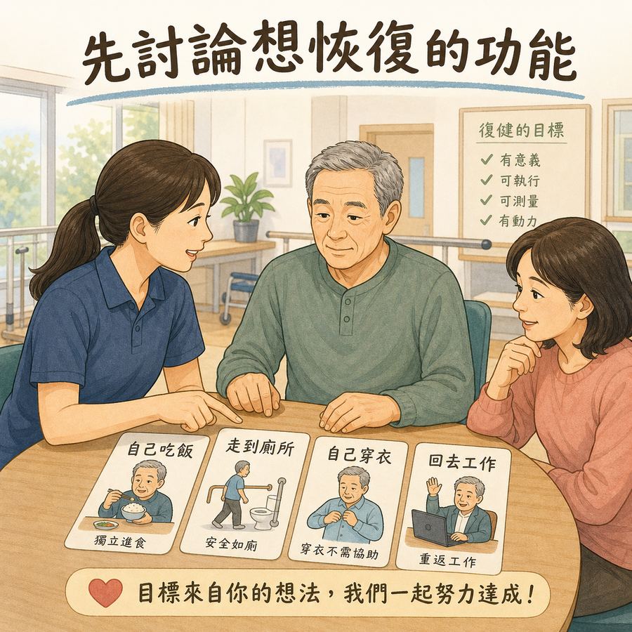 【中風復健】家人中風後第一次回診,該問什麼?〡給家屬的復健提問清單 6 治療師與患者家屬討論中風後想恢復的生活功能