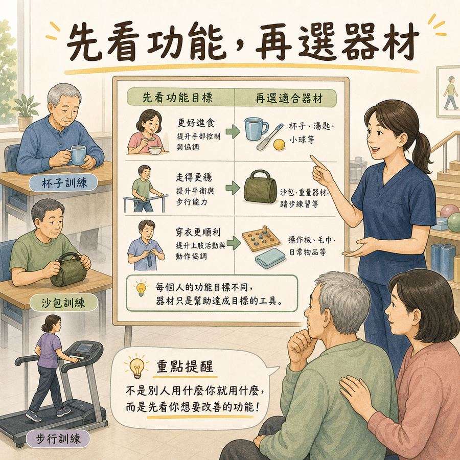 【中風復健】家人中風後第一次回診,該問什麼?〡給家屬的復健提問清單 7 治療師提醒中風復健要先看功能目標再選器材