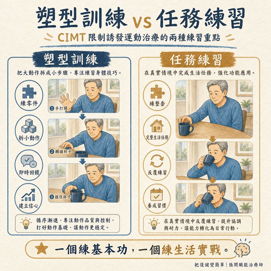 【中風復健】實證最有效的中風復健方法〡侷限誘發療法(CIMT)完整指南 7 塑型訓練與任務練習的內容和目的比較