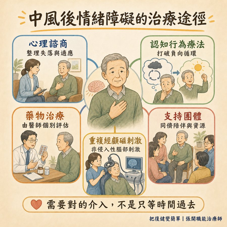【中風心理】中風後情緒障礙怎麼辦?〡五種症狀辨識、七個照顧建議與治療選項完整指南 8 中風後情緒障礙的心理諮商、認知行為療法、藥物、重複經顱磁刺激與支持團體