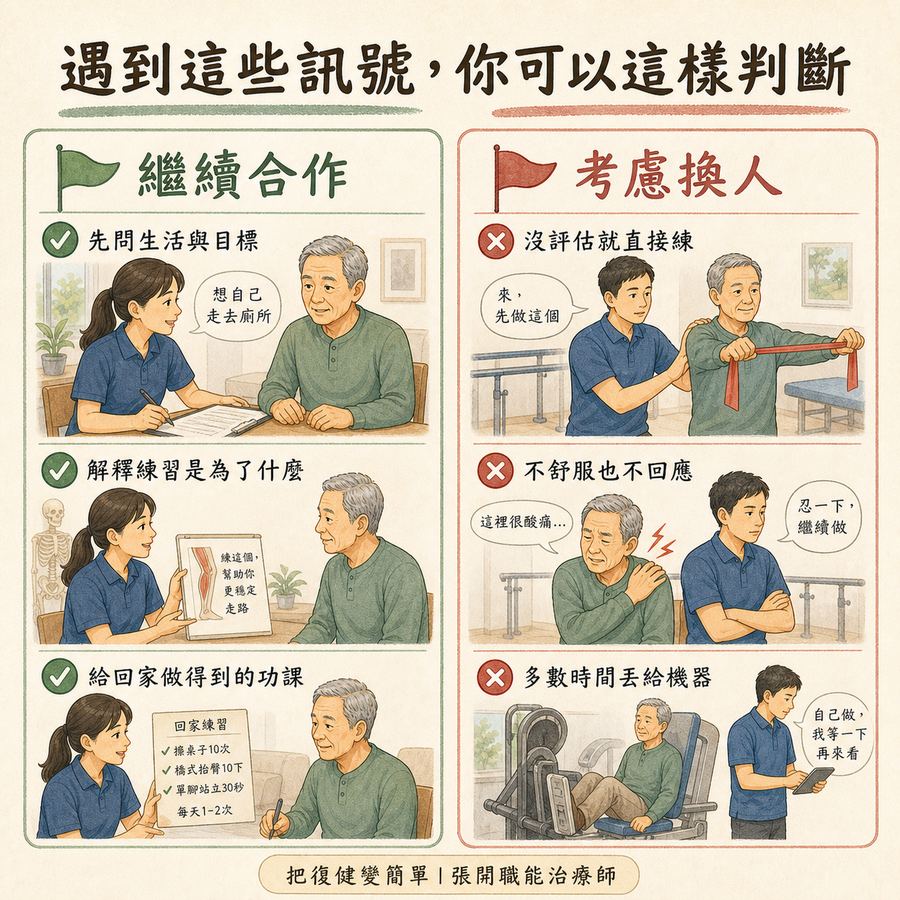 【中風復健】中風後找自費治療師,別找最厲害,找適合你的〡6 個選人關鍵幫你找到適合的治療師 8 繼續合作與考慮更換治療師的行為訊號對照