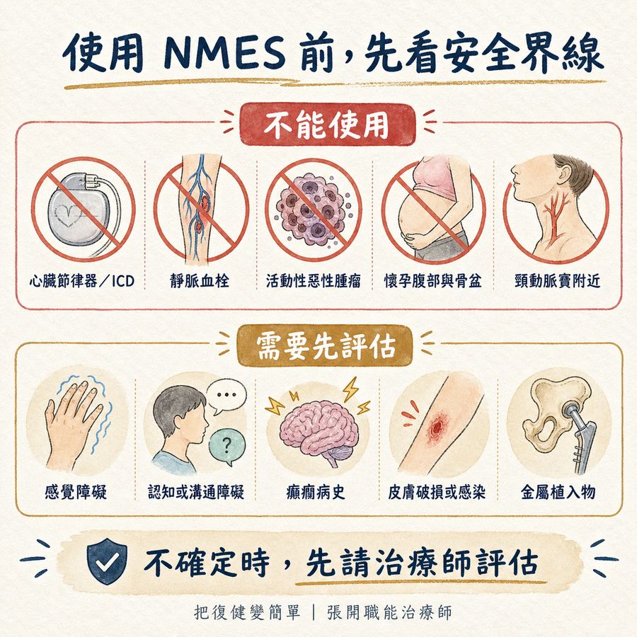 【中風復健】中風後手腳虛弱無力怎麼辦?|肌肉神經電刺激 NMES 幫你找回動作 9 使用 NMES 前要先確認禁忌症與需評估情況