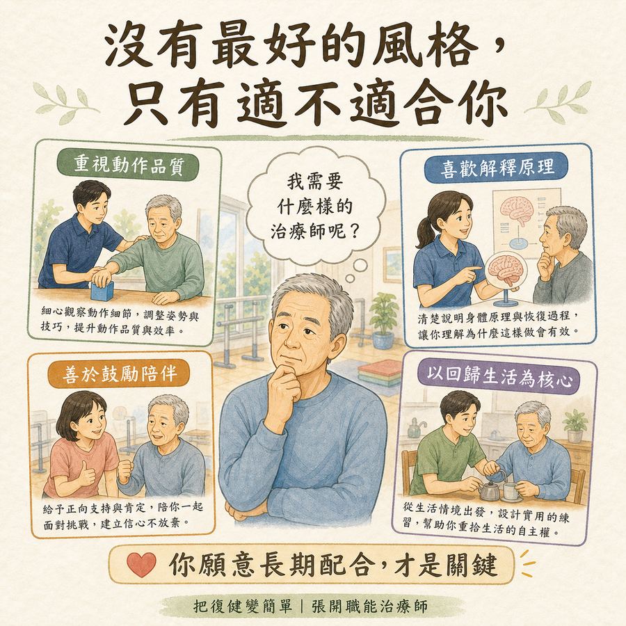 【中風復健】中風後找自費治療師,別找最厲害,找適合你的〡6 個選人關鍵幫你找到適合的治療師 9 動作品質、原理解釋、鼓勵陪伴與回歸生活等不同治療風格