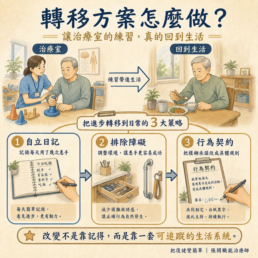 【中風復健】實證最有效的中風復健方法〡侷限誘發療法(CIMT)完整指南 9 CIMT轉移方案包含自立日記、排除障礙與行為契約
