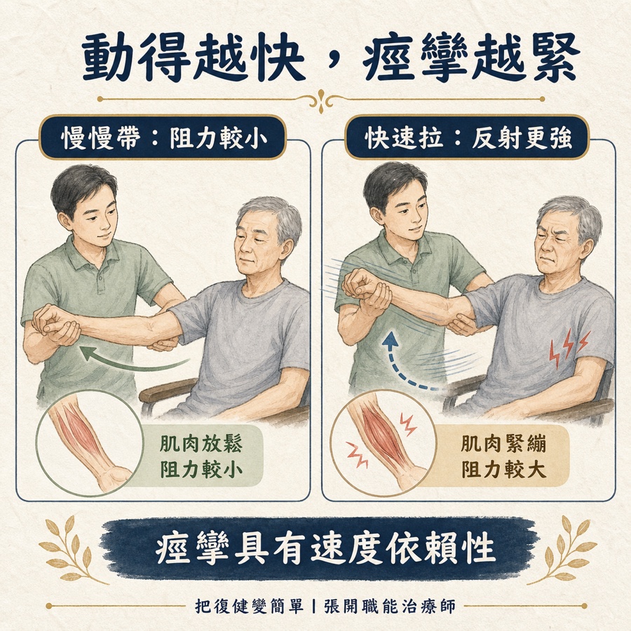 【中風復健】中風後痙攣完整指南〡什麼是痙攣?為什麼會發生?在家怎麼做? 3 痙攣具有速度依賴性,動得越快肌肉越緊
