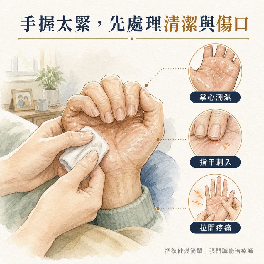 【中風復健】中風後手握拳打不開怎麼辦?〡痙攣手術的適用情況、治療目標與術後復健 3 中風後手掌長期緊握可能造成潮濕、指甲刺入與拉開疼痛
