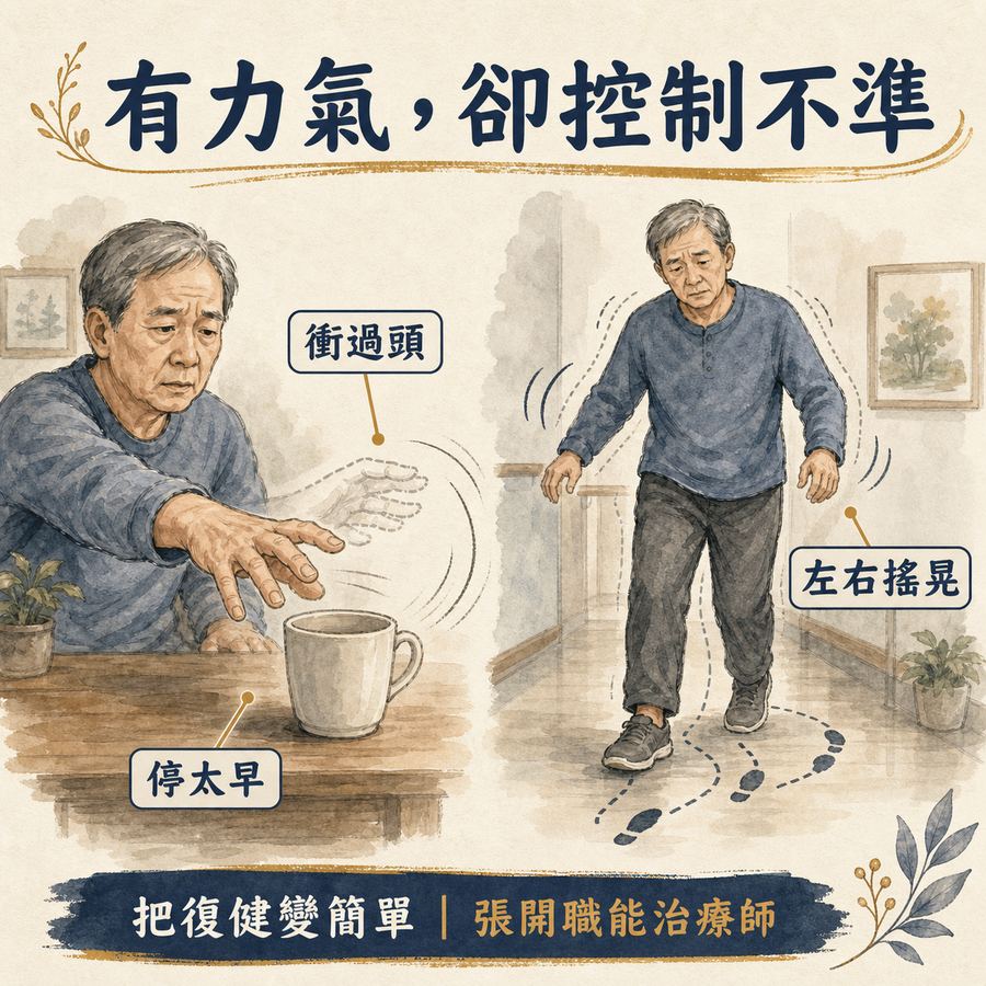 【中風復健】中風後動作失調怎麼辦?〡走路不穩、手腳不準的 5 個訓練原則 3 有力氣卻控制不準的日常表現
