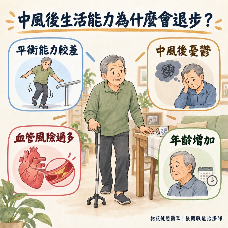【中風復健】中風後為什麼會退步?〡影響生活能力的 4 個因素 3 中風後生活能力退步的四個相關因素:平衡、憂鬱、血管風險與年齡
