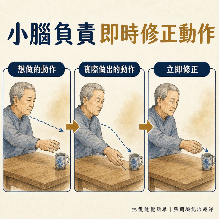 【中風復健】中風後動作失調怎麼辦?〡走路不穩、手腳不準的 5 個訓練原則 4 小腦即時修正動作的過程
