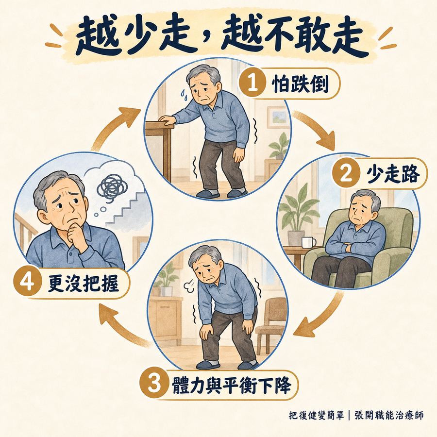 【中風復健】中風後為什麼會退步?〡影響生活能力的 4 個因素 4 怕跌倒、少走路、體力和平衡下降形成的惡性循環