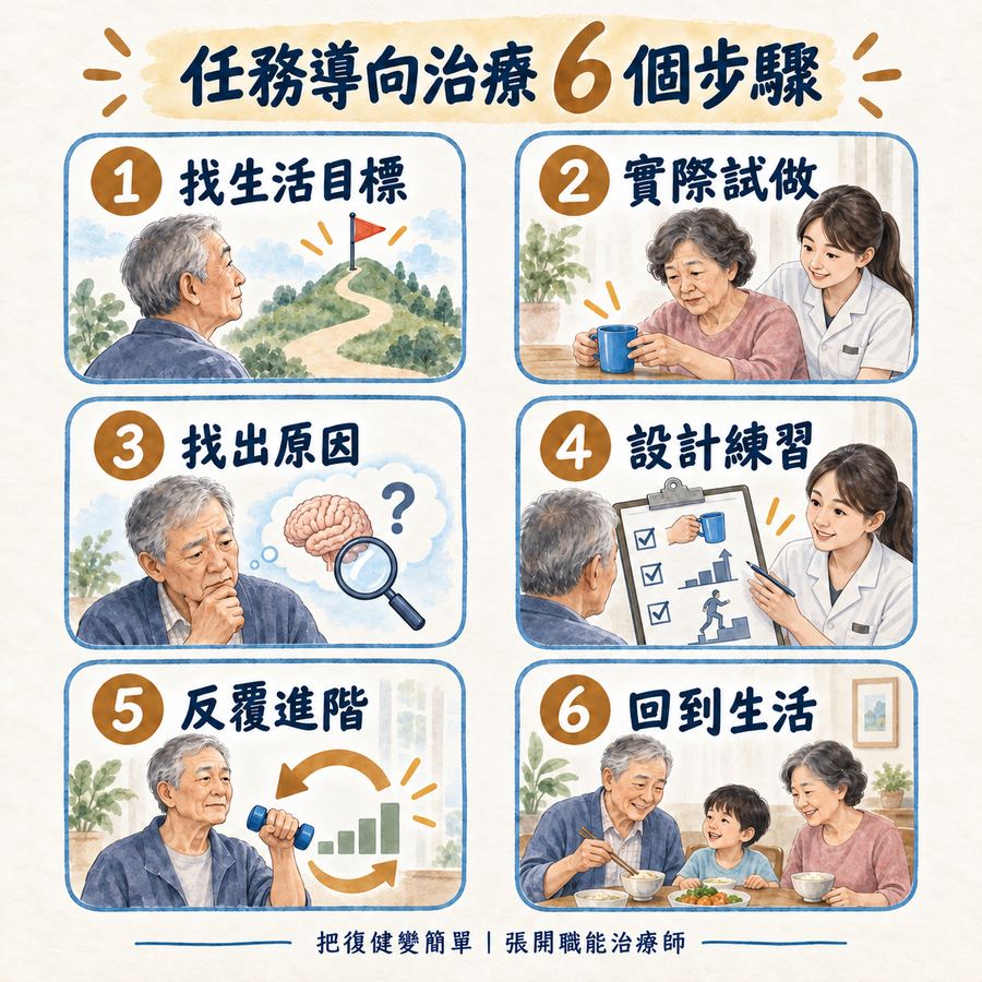 【中風復健】任務導向治療是什麼?從生活目標到主動練習的 6 個步驟 5 任務導向治療從生活目標到回到生活的六個步驟