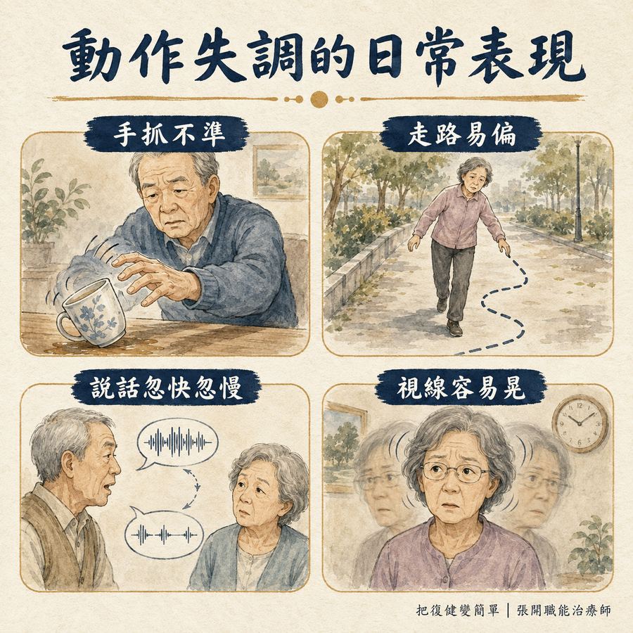 【中風復健】中風後動作失調怎麼辦?〡走路不穩、手腳不準的 5 個訓練原則 5 動作失調在日常生活中的四種表現