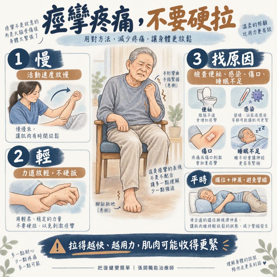 【中風症狀】中風後疼痛怎麼辦?〡中風後的 3 種疼痛與處理方式 5 處理中風後痙攣疼痛時應慢、輕並找出張力升高原因
