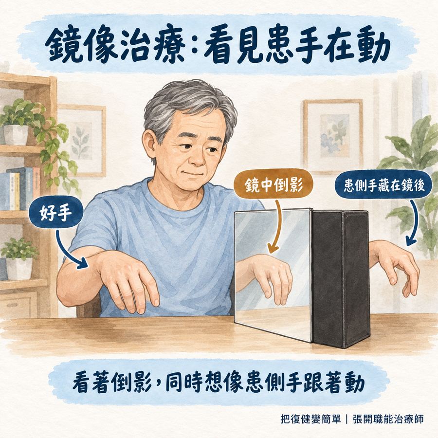 【中風復健】中風後手臂不會動怎麼辦?〡先從這 5 種方法開始 5 鏡像治療時好手、鏡中倒影與藏在遮板後方患側手的相對位置