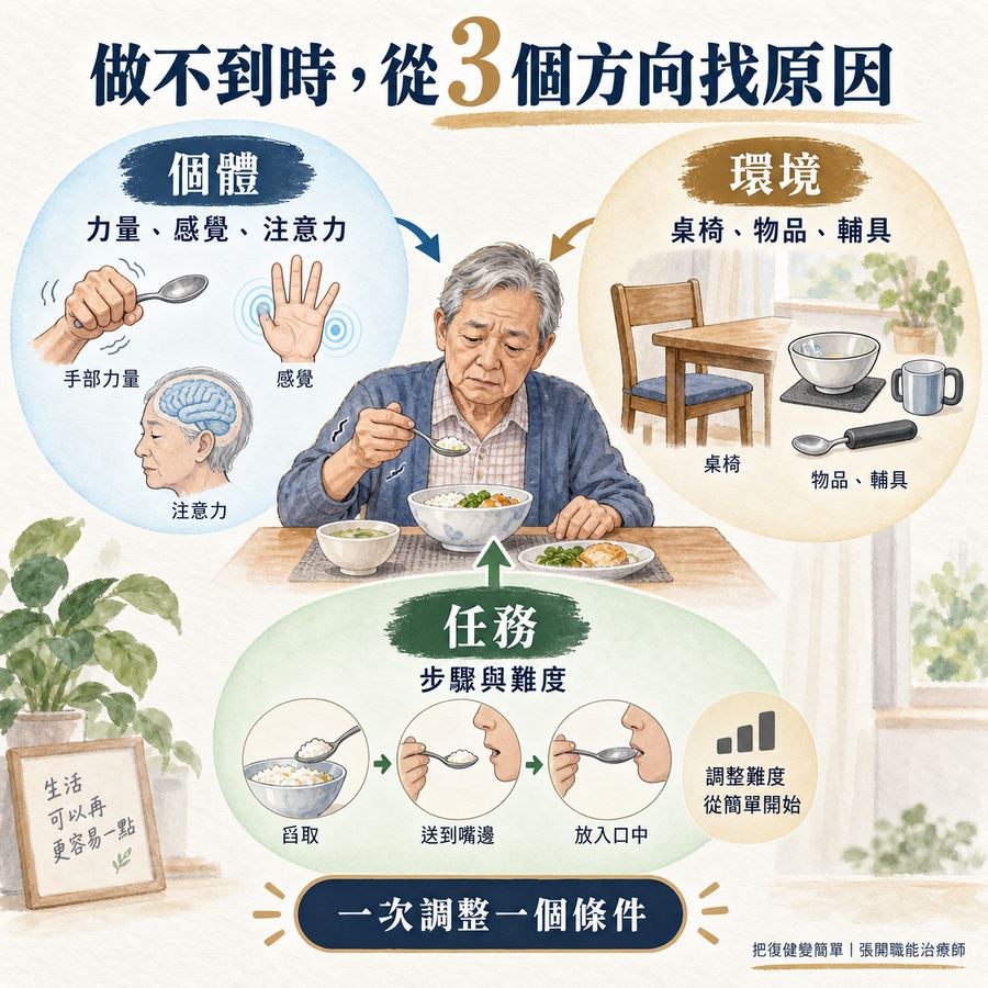 【中風復健】任務導向治療是什麼?從生活目標到主動練習的 6 個步驟 6 患者做不到時從個體環境與任務三個方向找原因