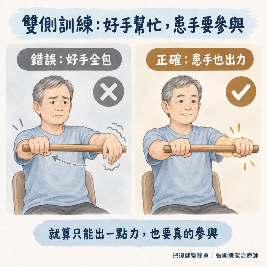 【中風復健】中風後手臂不會動怎麼辦?〡先從這 5 種方法開始 6 雙側訓練中好手全包與患側手主動參與的錯誤正確對照