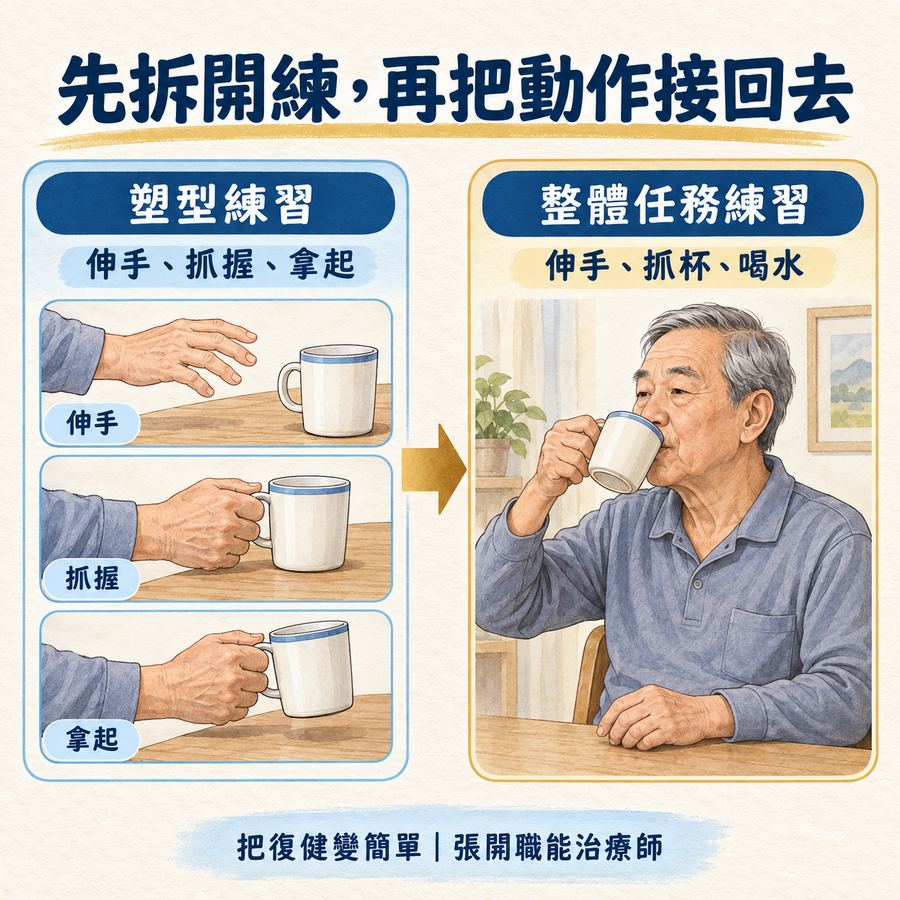 【中風復健】任務導向治療是什麼?從生活目標到主動練習的 6 個步驟 7 塑型練習先拆解動作再接回完整拿杯喝水任務